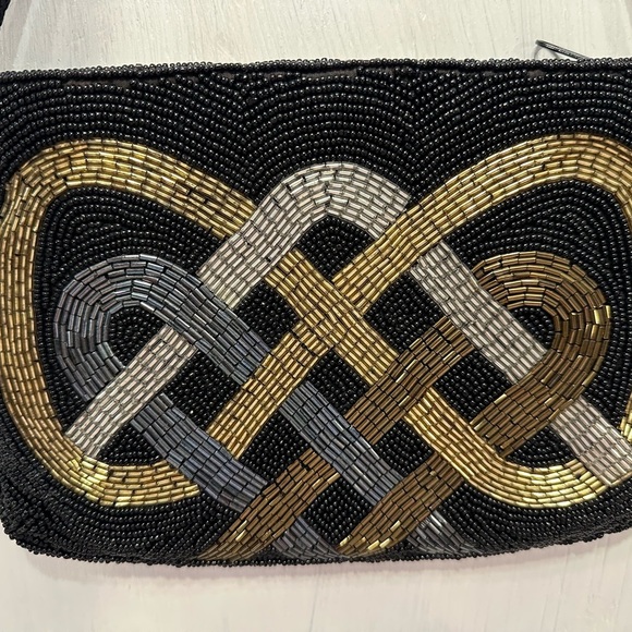 Vintage Beaded Evening Bag Black Gold Silver Knot Pattern China Purse - Picture 6 of 8